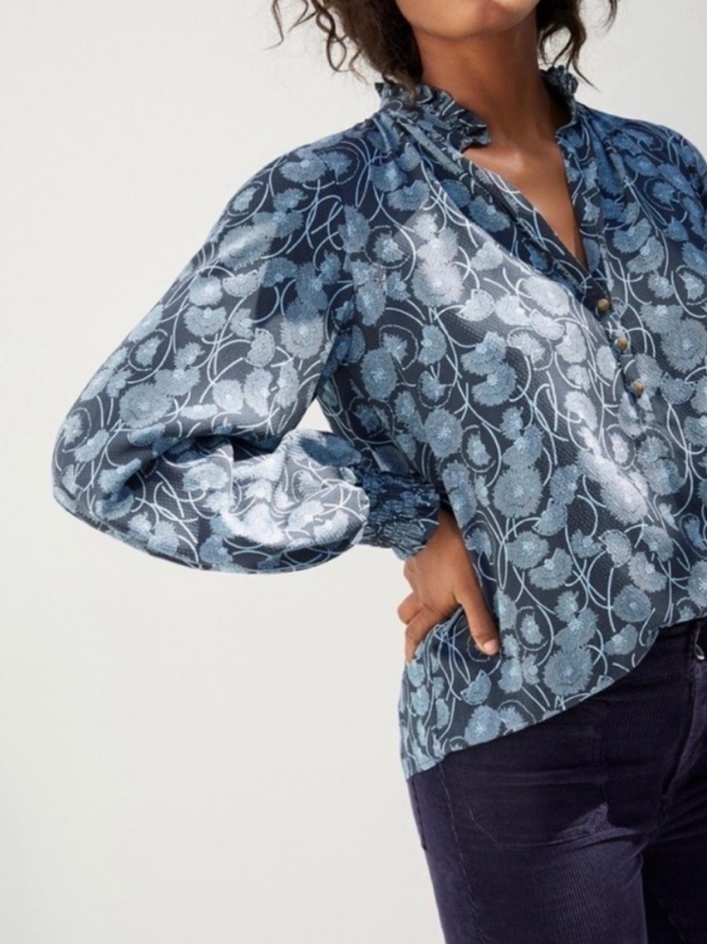 Anthropologie Maeve Colette Blue Floral Ruffle-Neck peasant blouse boho sz sm